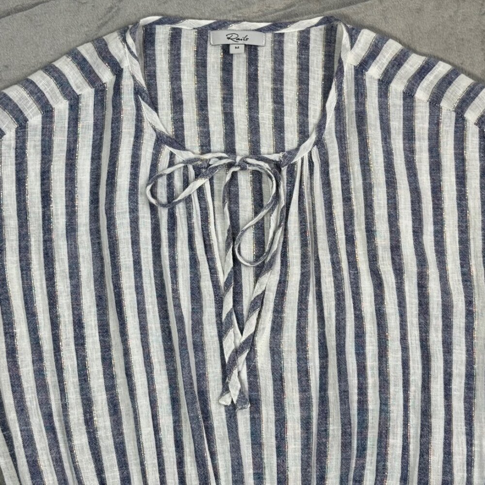 Rails Ashlyn Linen Blend Striped Metallic Tie Neck Midi Dress - Picture 4 of 6